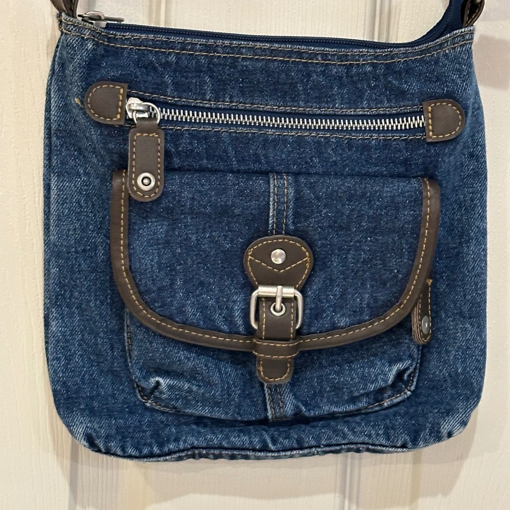 Blue Denim Crossbody Bag Faux Leather Trim Buckle Detail Y2K Style Medium Wash